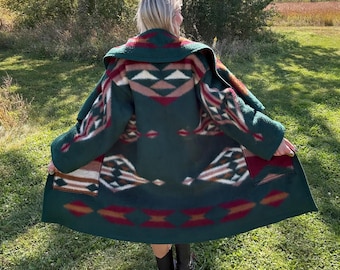 Hunter Green Southwestern Fleece Blanket Coat