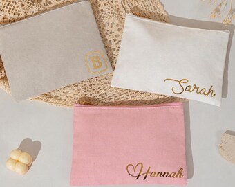 Personalized Bridesmaid Cosmetic Pouch with Name/ Custom Canvas Toiletry Bag/ Travel Organizer Bag/ Wedding Gifts/ Bachelorette Party Favors