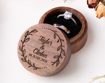 Custom Round Engagement Ring Box - Personalized Wedding Ring Box, Ring Bearer with Acrylic Lid & Wood Base, Engraved Ring Box for Engagement