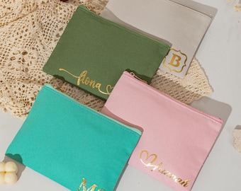 Personalized Canvas Cosmetic Bag with Name/ Monogrammed Toiletry Bag/ Custom Bridesmaid Makeup Pouch/ Bachelorette Party Gift/ Wedding Favor