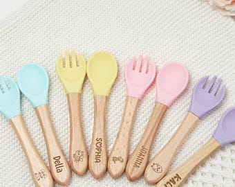 Personalised Silicone Cutlery Set/ Baby Cutlery/ Baby Stocking Filler/ 1st Birthday/ Fork and Spoon Set/ Baby Gift/ New Baby/ Christening