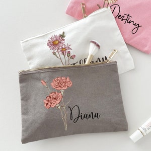 Trousse de maquillage personnalisée avec fleurs de naissance, cadeaux de mariage, proposition de demoiselle d'honneur, cadeaux de Noël pour elle, trousse à maquillage personnalisée