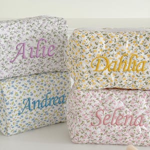 Personalized Quilted Makeup Bag/ Bridesmaid Gift/ Floral Cosmetic Bag/ Toiletry Bag/ Handmade Aesthetic Pouch/ Embroidery Gift for Her