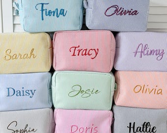 Personalized Embroidered Travel Toiletry Bag/ Bridesmaid Gift/ Gift for Her, Mom/ Striped Seersucker Cosmetic Pouch/ Candy Color Organizer