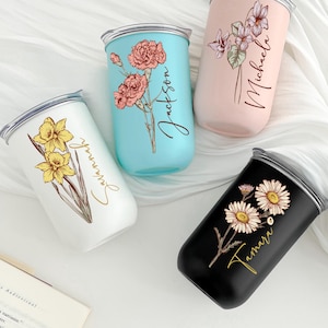 Personalized Birth Flower Tumbler, Bridesmaid Tumbler with Lid, Bride Gift Ideas, Bride Tumbler, Bridesmaid Cups, Bridesmaid Proposal Gift
