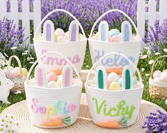 Personalized Name Easter Basket for Kids/ Custom Bunny Basket/ Rope Cotton Baby Gift Basket/ Baby Shower Gift/ Boy Girl Egg Hunt Bucket Gift