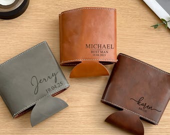 May include: Three personalized leather can coolers in shades of brown and gray, each with custom text. One reads "Michael Best Man 19.04.2025", another "Jerry 19.04.25", and the third "Karen Bride".