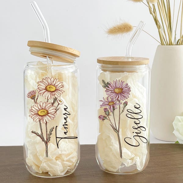 Personalized Birth Flower Tumbler With Name, Birth Flower Glass, Coffee Cup, Mothers Day, Bridesmaid Proposal, Party Favor, Gifts for Her