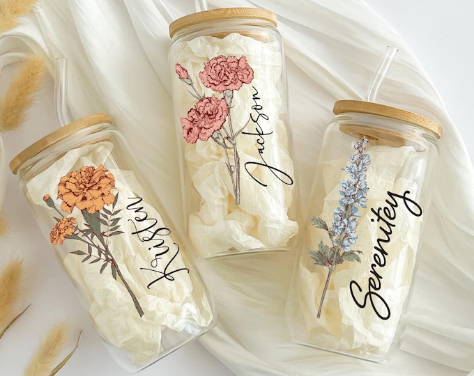 Personalized Iced Coffee Cup Floral Retro, Custom Can Glass with Lid and Straw, Bachelorette Glass Cup, Bridesmaid Gift, Bridesmaid Proposal