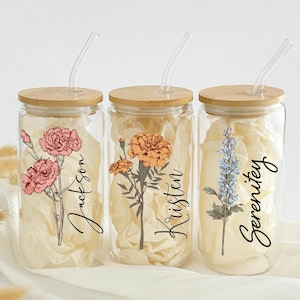 Personalisierte Geburtsblumenbecher, Geschenke für sie, Muttertagsgeschenk, benutzerdefinierte Glaskaffeetasse, Abschlussgeschenk, Brautjungfer Vorschlag Geschenk