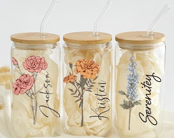 Personalized Birth Flower Tumbler, Gifts for Her, Mother&#39;s Day Gift, Custom Glass Coffee Cup, Graduation Gift, Bridesmaid Proposal Gift