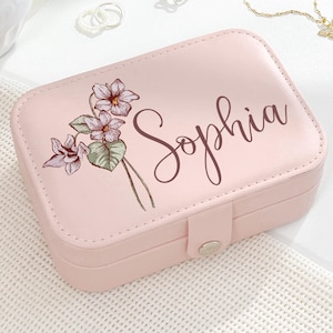 Portagioie da viaggio personalizzato, portagioie con fiori di nascita, damigella d'onore per matrimonio, addio al nubilato, portagioie personalizzato, regalo di compleanno