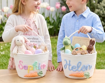 Personalized Crochet Easter Bunny Basket/ Custom Name Easter Basket/ Handmade Cotton Rope Basket/ Spring Decor Basket/ Kids Egg Hunt Bucket