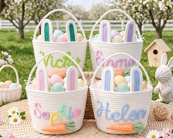 Personalized Crochet Easter Basket/ Custom Name Easter Basket/ Easter Bunny Bucket/ Baby Easter Gift/ Easter Egg Hunt Basket/ Toy Organizer