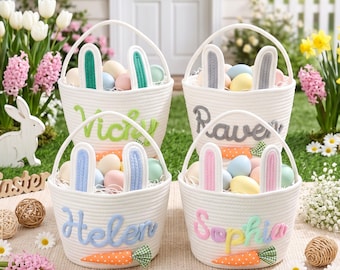 Personalized Kids Name Easter Basket/ Handmade Cotton Rope Basket/ Crochet Easter Bunny Basket/ Spring Decor Basket/ Custom Egg Hunt Bucket