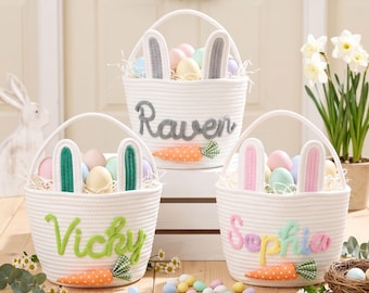 Personalized Cotton Rope Easter Bunny Basket for Kids/ Easter Egg Hunt Gift/ Custom Spring Decor Basket with Name/ Baby's First Keepsake