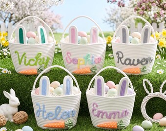 Personalized Cotton Rope Easter Bunny Basket with Name/ Custom Easter Egg Hunt Gift for Kids/ Baby's First Keepsake/ Spring Decor Basket