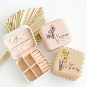 Portagioie floreale personalizzato, portagioie unico per la festa della mamma, portagioie da viaggio personalizzato, portagioie con fiori di nascita, regalo per lei