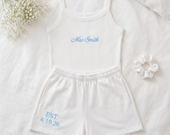 Personalized Mrs Tank & Joggers/ Embroidered Mrs. Pajama Set for Bride/ Bridal Sweats/ Bride Tank Top Set/ Getting Ready Outfit for Bride
