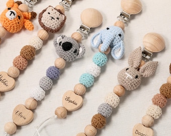 Gepersonaliseerde naam fopspeenclip met dier/aangepast kraamcadeau/Binky houder babymeisje/cadeau pasgeborene/houten fopspeenclip met hart