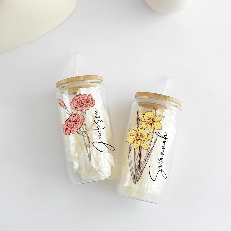 Personalized Iced Coffee Cup Floral Retro, Custom Can Glass With Lid