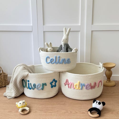 Panier bébé personnalisé/Panier cadeau bébé fait main/Panier de Pâques/Cadeau baby shower/Nouveau-né/Cadeau personnalisé pour chambre d'enfant/Panier bébé en corde de coton