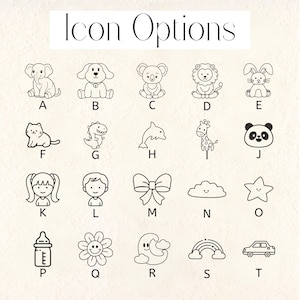 May include: A collection of black and white line art icons, including animals, people, and objects. The icons are labeled with letters A through T. The text "Icon Options" is at the top of the image.