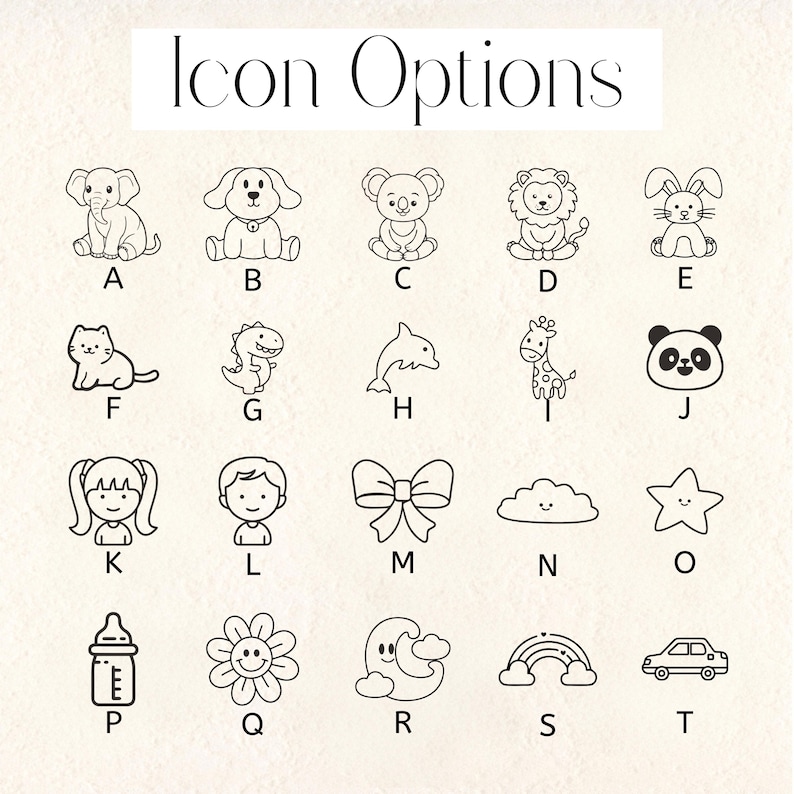 May include: A collection of black and white line art icons, including animals, people, and objects. The icons are labeled with letters A through T. The text "Icon Options" is at the top of the image.