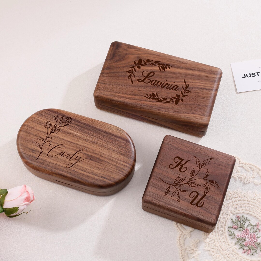 Personalized Wood Jewelry Box With Engraved Birth Flower Name/ Custom ...