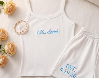 Personalized Mrs Tank & Short/ Embroidered Mrs. Pajama Set/ Bride Pajamas/ Bridal Shower Outfit/ Engagement Gift for Her/ Wedding Pajamas