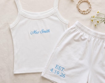 Personalized Embroidered Bride Tank and Jogger Set/ Custom Mrs. Pajama Set/ Bridal Tank Top/ Bride Sweat Set/ Bride Bachelorette Outfit
