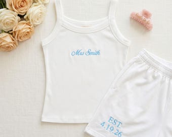 Personalized Embroidered Mrs. Tank Top Set/ Custom Sleepwear for Bride/ Bridal Gift/ Pajama Set Gift/ Bride Honeymoon Wedding Gift for Her