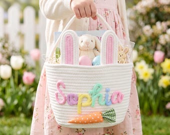Personalized Bunny Easter Basket for Kids/ Custom Name Rope Cotton Basket/ Boy Girl Egg Hunt Bucket Gift/ Baby Gift Basket/ Baby Shower Gift