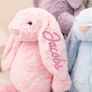 May include: A soft, plush pink bunny rabbit with long floppy ears. The name "Jacobs" is embroidered in pink cursive on one ear. Other pastel-colored stuffed animals are visible in the background.