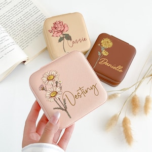 Benutzerdefinierte Geburtsblumen Schmuckschatulle, Leder Schmuck Reisebox, Geburtstagsgeschenk, Schmuck Organizer für Frauen, Weihnachtsgeschenk, Schmuckschatulle
