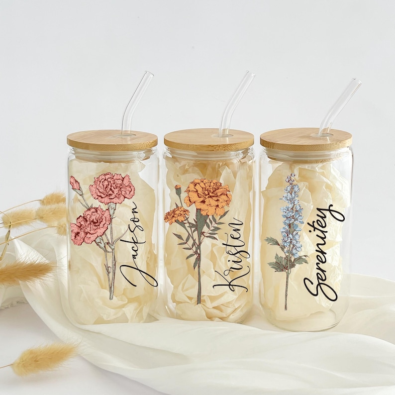 Personalized Iced Coffee Cup Floral Retro, Custom Can Glass With Lid