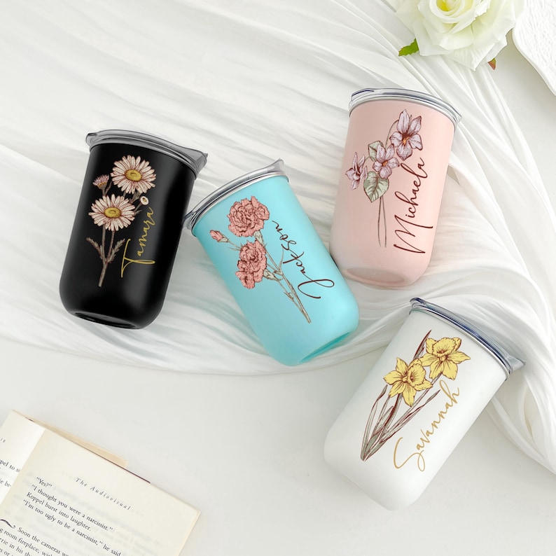 Personalized Birth Flower Tumbler, Bridesmaid Tumbler With Lid, Bride