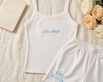 Personalized Bride Tank Top Set/ Embroidered Mrs. Pajama Set for Bride/ Mrs Tank & Joggers/ Getting Ready Outfit for Bride/ Bridal Sweats