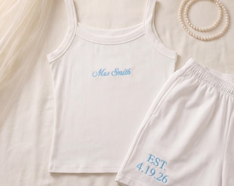 Personalized Mrs. Pajama Tank Top and Sweatpants/ Engagement Gift/ Bride Pajamas/ Embroidered Mrs. Tank and Shorts/ Bridal Shower Outfit
