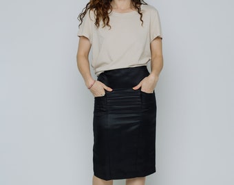 Black pencil skirt with pockets, Eco-friendly hemp, Fully lined fitted skirt, Office wear, Holiday party outfit, Classic black work skirt