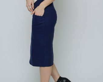 Navy Pencil Skirt With Pockets, Eco-friendly Hemp, Fully Lined