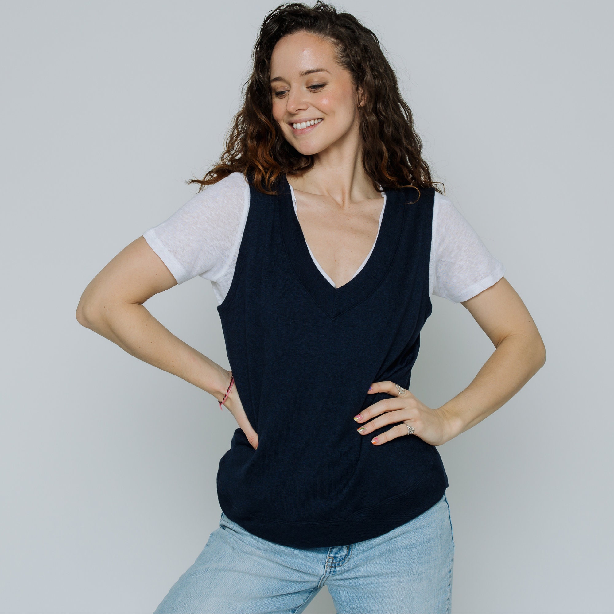 mame V-Neck Knit Tops - navy