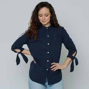 Navy blue women&#39;s blouse for work or weekend, Mandarin collar, 3/4 Sleeves with tie detail, Classic, Button-down shirt, Eco-friendly blouse