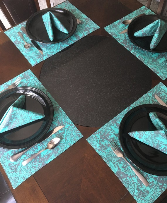 Reversible Lined Teal And Gray Place Mats Napkins Cotton Etsy