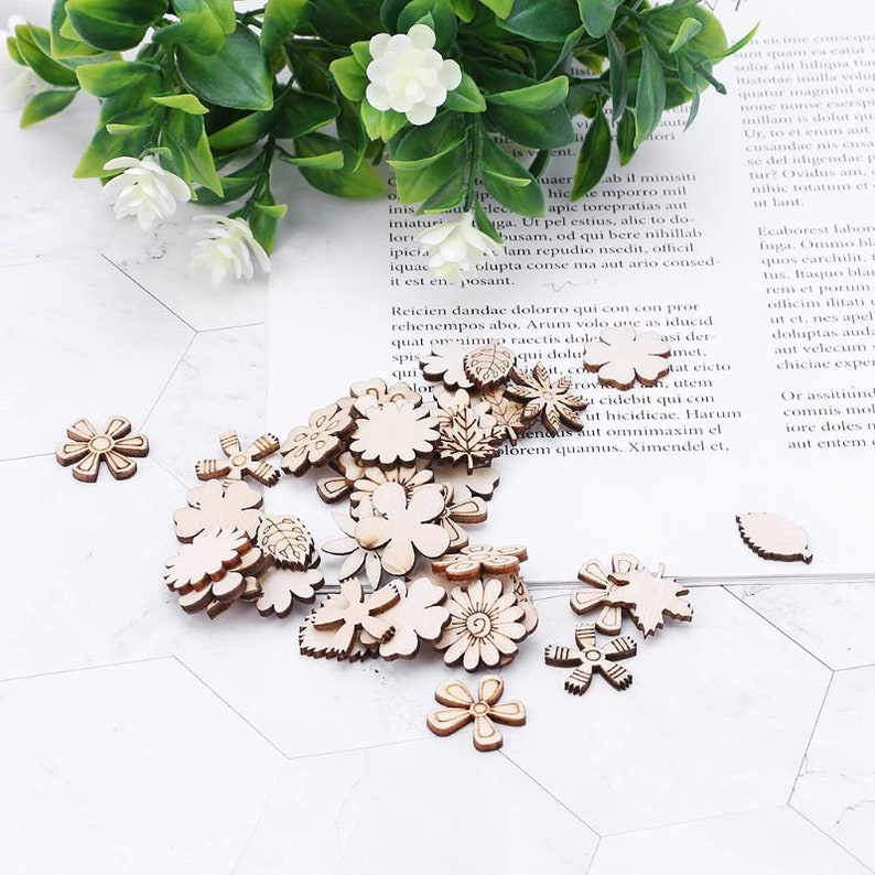 100PCS Laser Cut Wood Flowers and leaves Embellishment Wooden Etsy