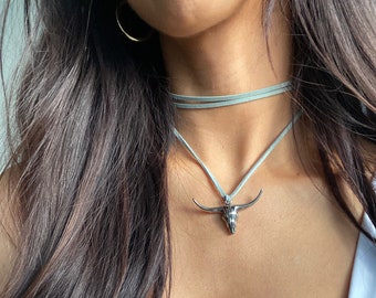 Western Silver Longhorn Statement Necklace