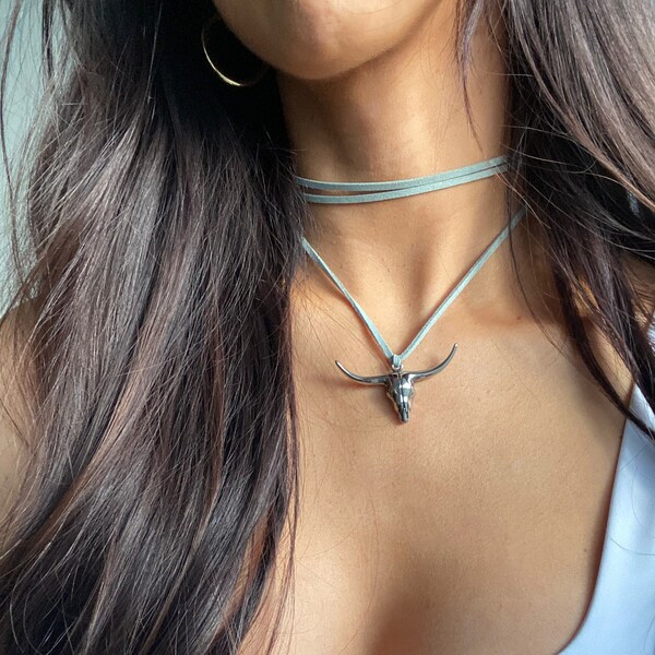 Western Silver Longhorn Statement Necklace