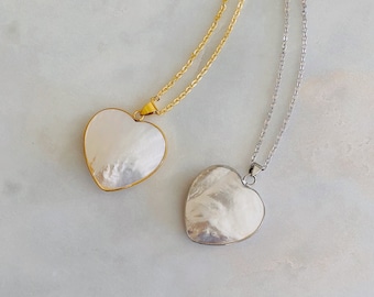 Mother of Pearl Statement Heart Necklace in Gold or Silver