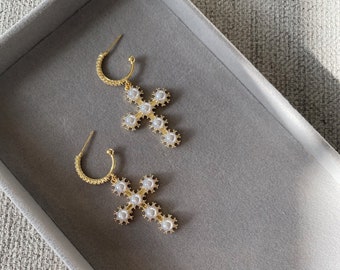 Large Gold Pearl Cross Statement Earrings