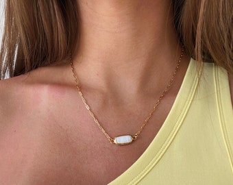 Gold Wrapped White Pearl Bar Necklace